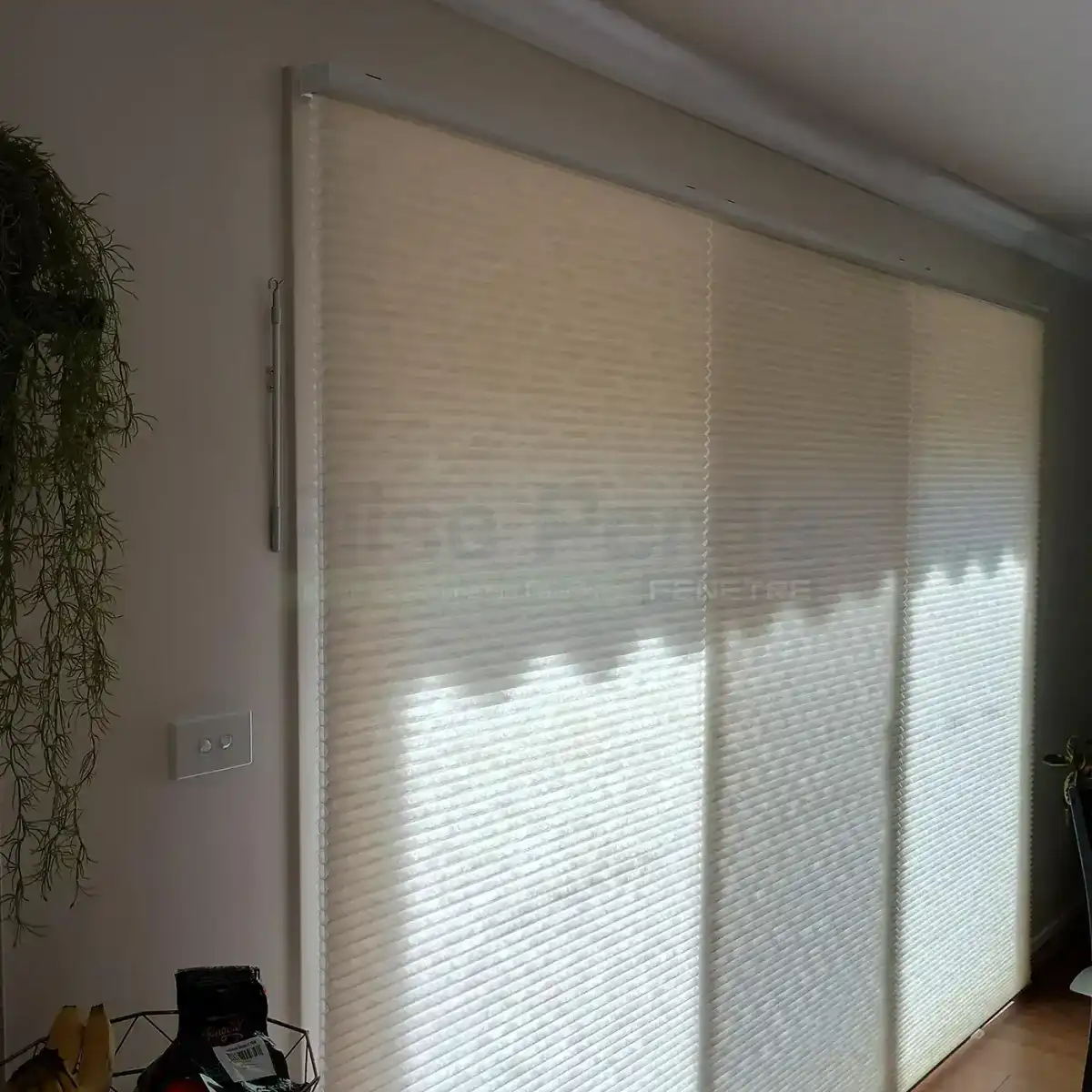 Honeycomb perde salon uygulaması — geniş pencerede petek perde
